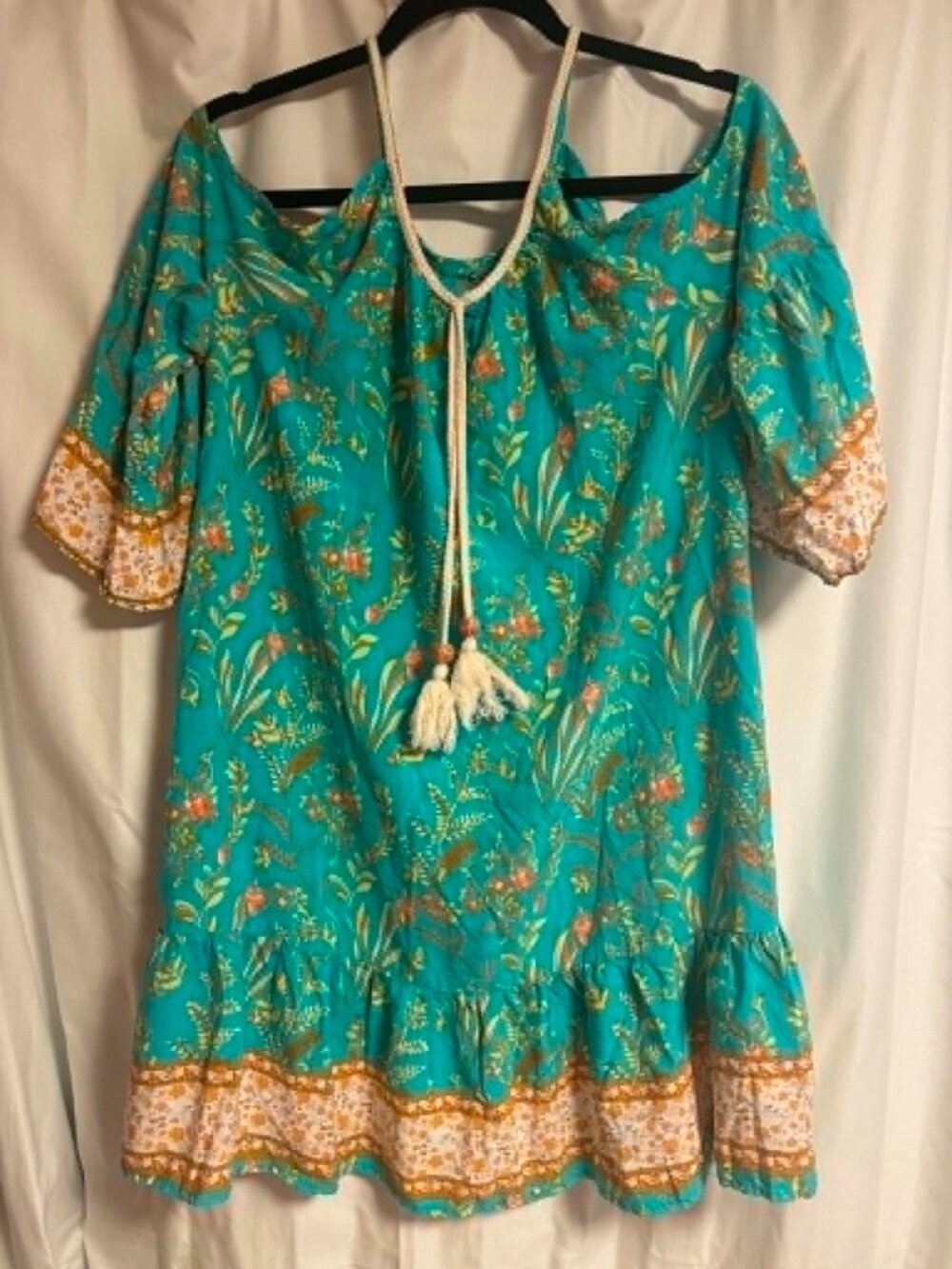 Breezaya Floral Print Cold Shoulder Tassel Trim Ruffle Hem Dress SIZE L